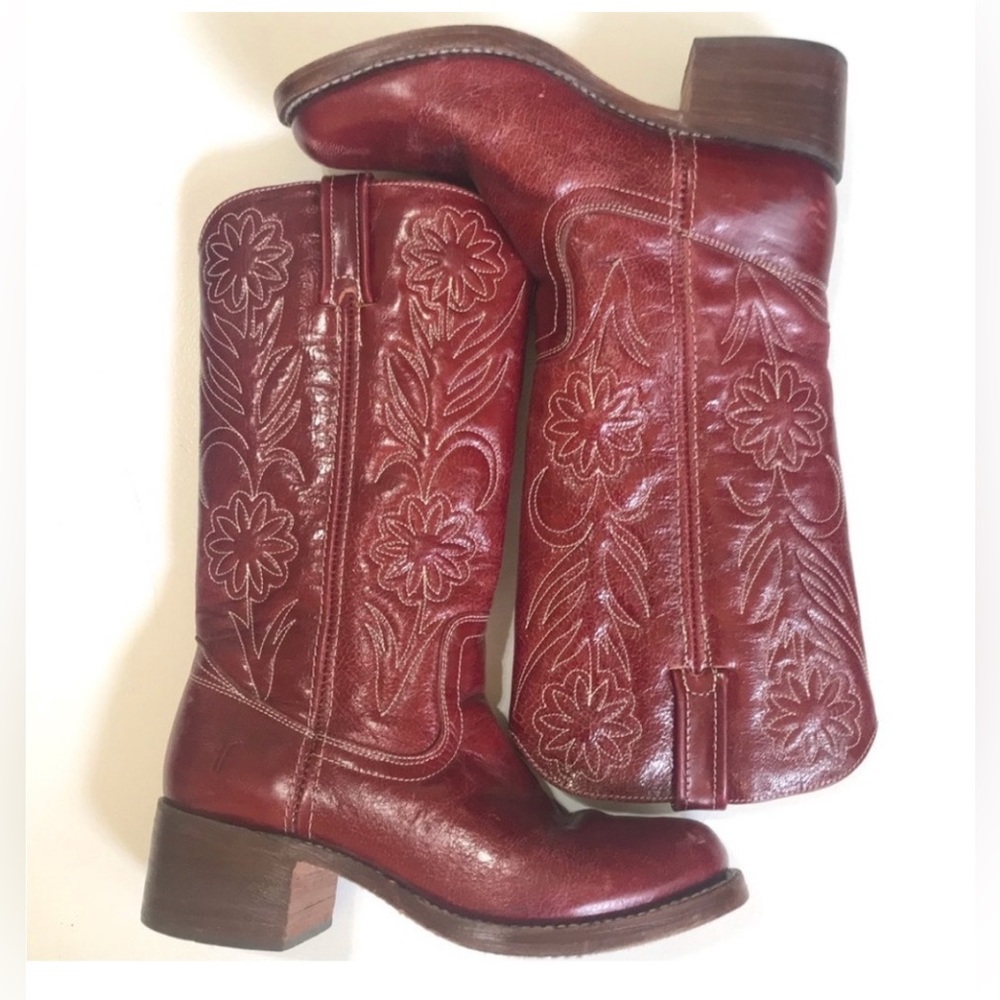 Frye Campus Floral Stitched Leather Western Boots Red Size 9